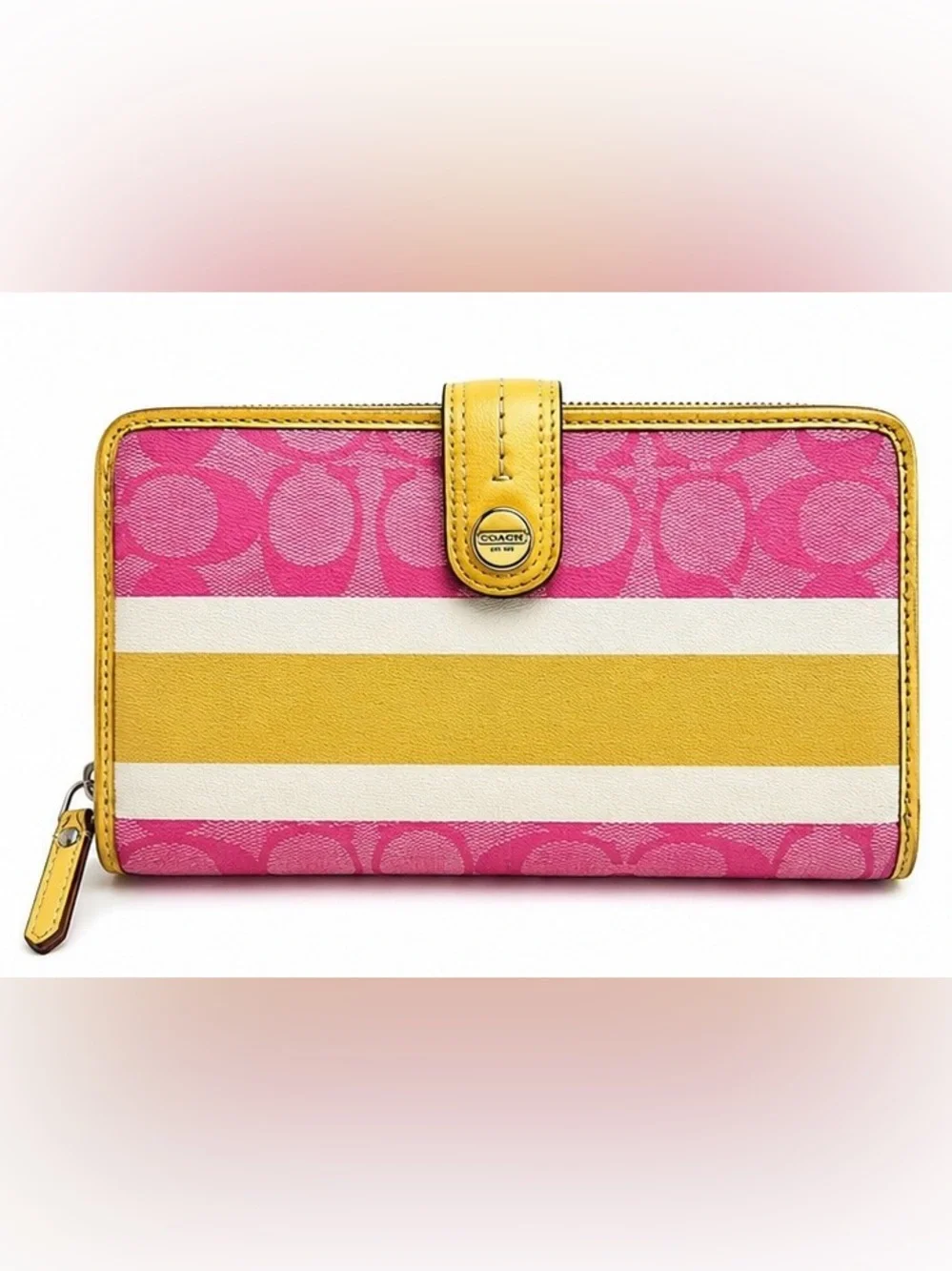 Coach Signature Pink Jacquard Zip Around Wallet Yellow Leather Trim